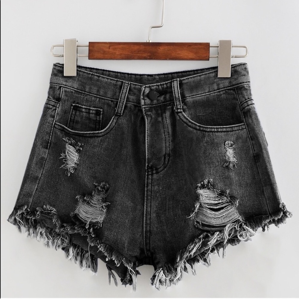 black distressed denim shorts rip high waist boho - Picture 1 of 4